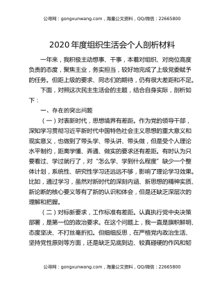 2020年度组织生活会个人剖析材料