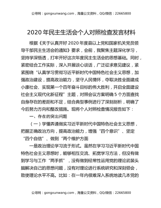 2020年民主生活会个人对照检查发言材料