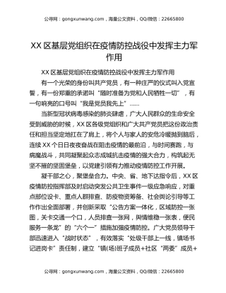XX区基层党组织在疫情防控战役中发挥主力军作用