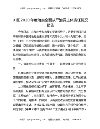 X区2020年度落实全面从严治党主体责任情况报告