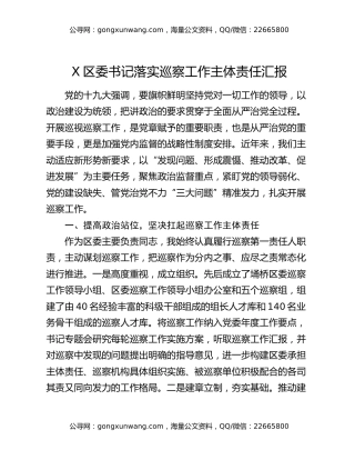 X区委书记落实巡察工作主体责任汇报