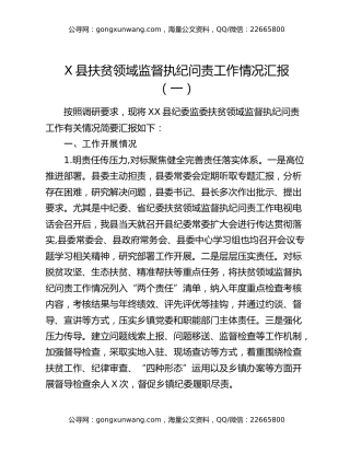 X县扶贫领域监督执纪问责工作情况汇报（一）