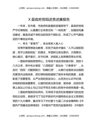 X县政府党组述责述廉报告