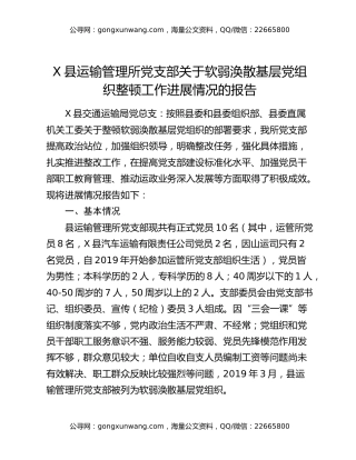 X县运输管理所党支部关于软弱涣散基层党组织整顿工作进展情况的报告