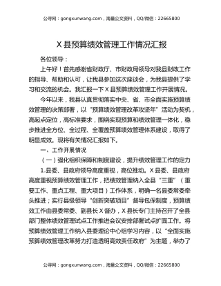 X县预算绩效管理工作情况汇报