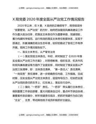 X局党委2020年度全面从严治党工作情况报告