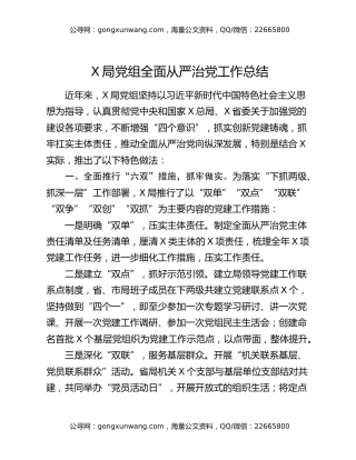 X局党组全面从严治党工作总结