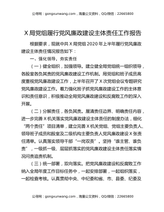 X局党组履行党风廉政建设主体责任工作报告