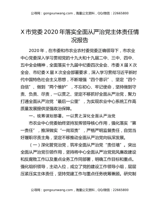 X市党委2020年落实全面从严治党主体责任情况报告