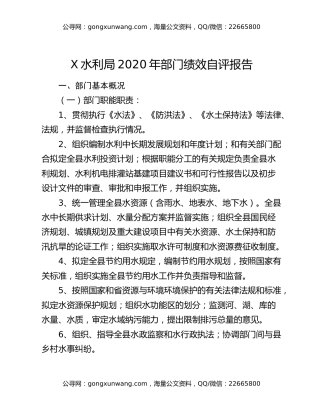 X水利局2020年部门绩效自评报告