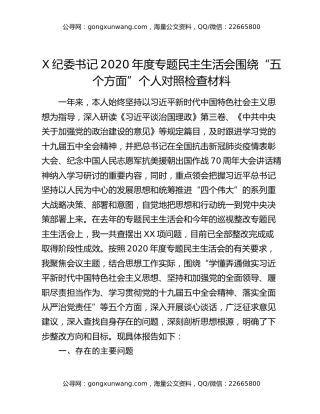 X纪委书记2020年度专题民主生活会围绕“五个方面”个人对照检查材料