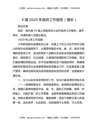 X镇2020年政府工作报告（镇长）