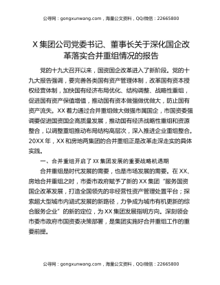 X集团公司党委书记、董事长关于深化国企改革落实合并重组情况的报告