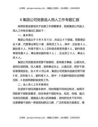 X集团公司党委选人用人工作专题汇报