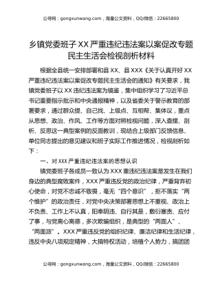 乡镇党委班子XX严重违纪违法案以案促改专题民主生活会检视剖析材料