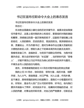 书记在宣布任职命令大会上的表态发言