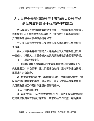 人大常委会党组领导班子主要负责人及班子成员党风廉政建设主体责任任务清单