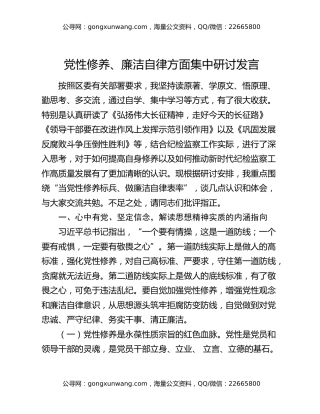 党性修养、廉洁自律方面集中研讨发言