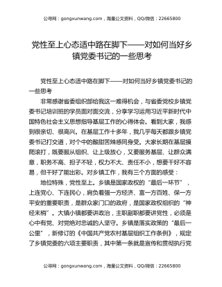 党性至上 心态适中 路在脚下——对如何当好乡镇党委书记的一些思考
