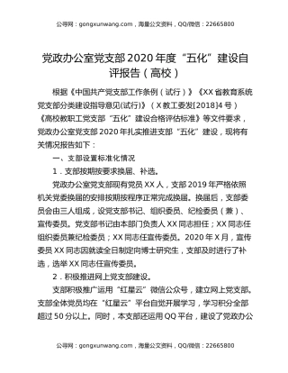 党政办公室党支部2020年度“五化”建设自评报告（高校）