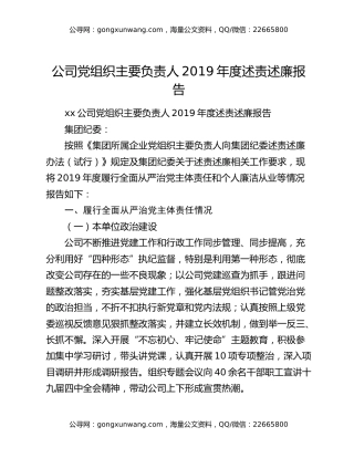 公司党组织主要负责人2019年度述责述廉报告