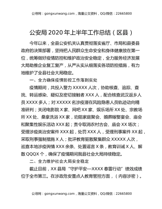 公安局2020年上半年工作总结（区县）