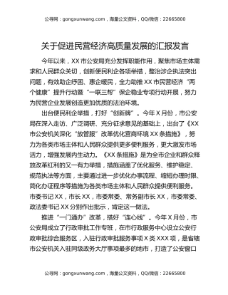 关于促进民营经济高质量发展的汇报发言