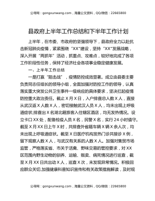 县政府上半年工作总结和下半年工作计划