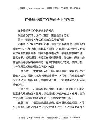 在全县经济工作务虚会上的发言