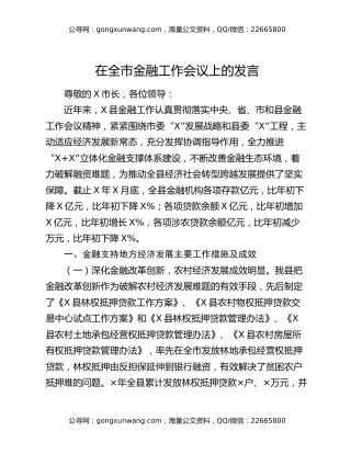 在全市金融工作会议上的发言