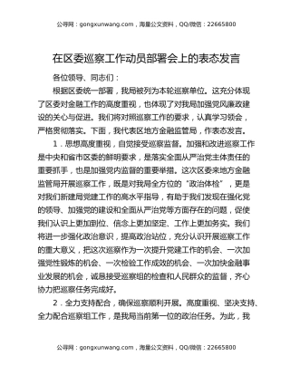 在区委巡察工作动员部署会上的表态发言