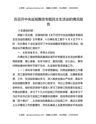 在召开中央巡视整改专题民主生活会的情况报告