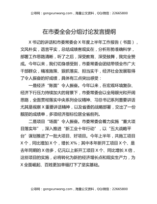 在市委全会分组讨论发言提纲