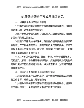对县委常委班子及成员批评意见