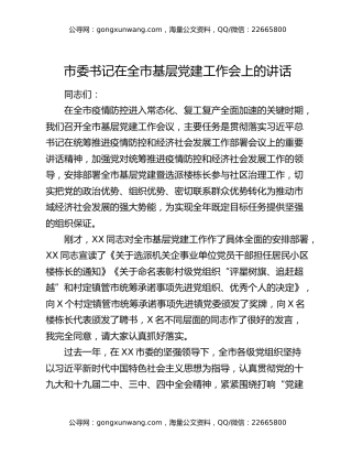 市委书记在全市基层党建工作会上的讲话