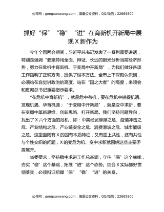 抓好“保”“稳”“进”在育新机开新局中展现X新作为