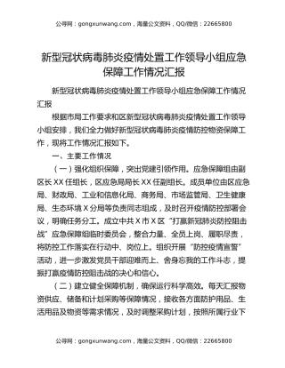 新型冠状病毒肺炎疫情处置工作领导小组应急保障工作情况汇报