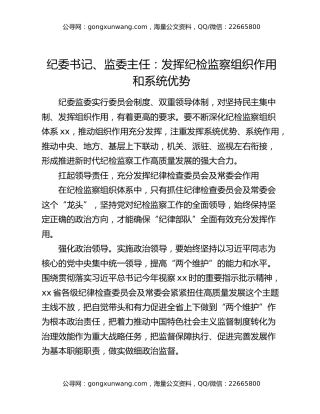 纪委书记、监委主任：发挥纪检监察组织作用和系统优势