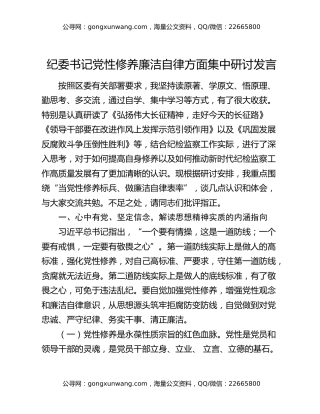 纪委书记党性修养廉洁自律方面集中研讨发言