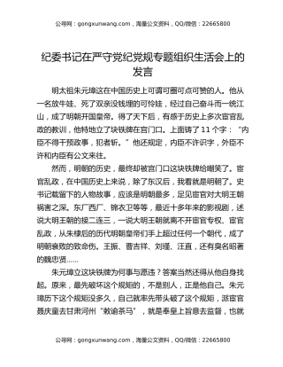 纪委书记在严守党纪党规专题组织生活会上的发言