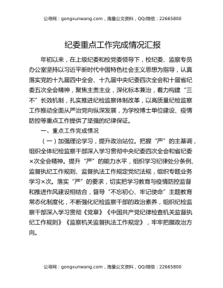纪委重点工作完成情况汇报