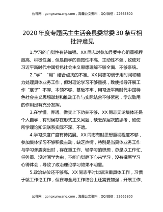 2020年度专题民主生活会县委常委30条互相批评意见