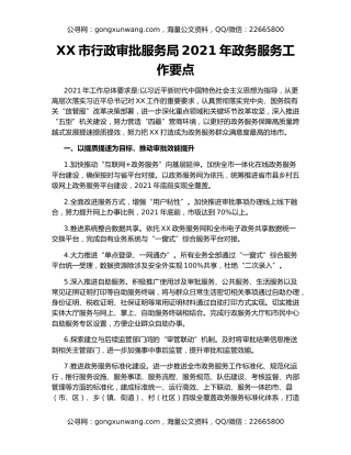 XX市行政审批服务局2021年政务服务工作要点