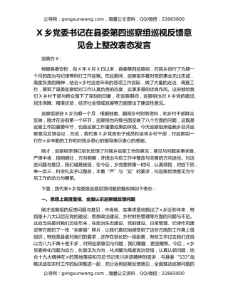 X乡党委书记在县委第四巡察组巡视反馈意见会上整改表态发言