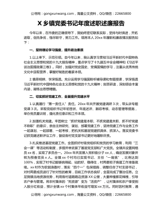 X乡镇党委书记年度述职述廉报告