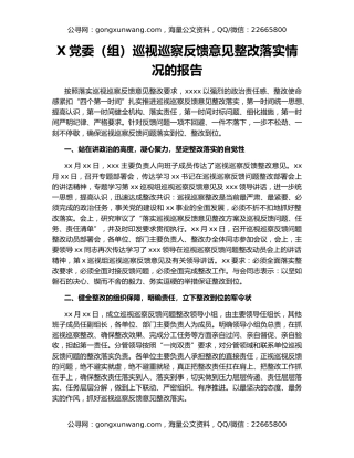 X党委（组）巡视巡察反馈意见整改落实情况的报告
