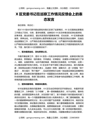 X区党委书记在巡察工作情况反馈会上的表态发言