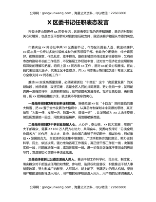 X区委书记任职表态发言