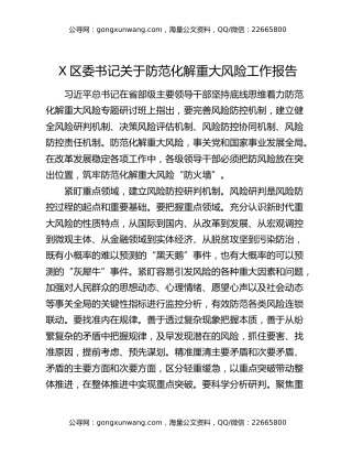 X区委书记关于防范化解重大风险工作报告