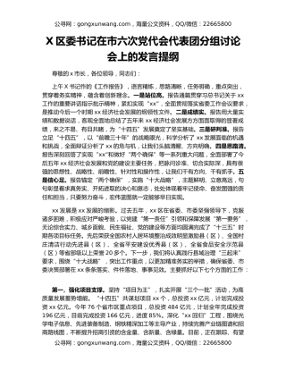 X区委书记在市六次党代会代表团分组讨论会上的发言提纲